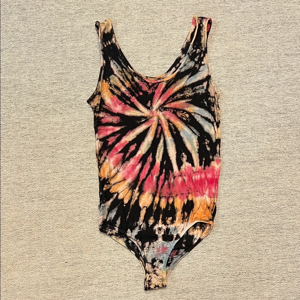 Aqua Black Tie-Dye Tank Bodysuit‎ with Pink & Orange